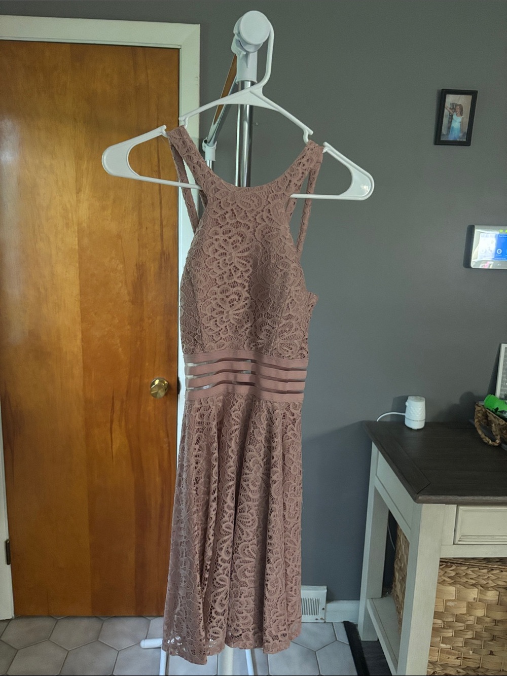 City Studio Dusty Rose Lace Midi Dress with Sheer Waist